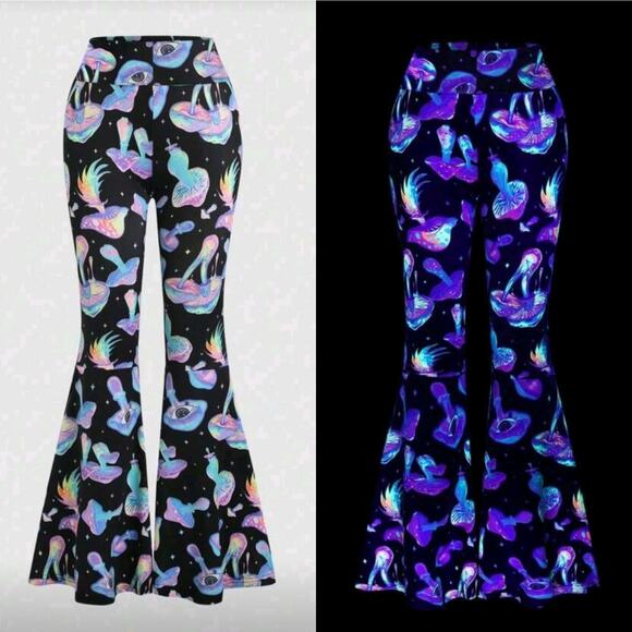 NWT XL Retro Stretchy Pants Blacklight Mushroom Rave Festival Flares - Picture 1 of 10